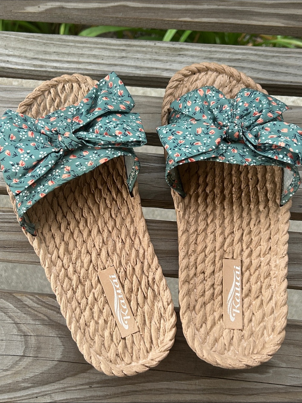 Green Floral Bow Rope Slide Sandals